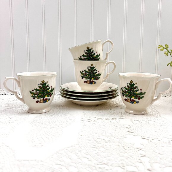 Nikko Happy Holidays 4 Coffee/Tea Cups Saucers Footed Swirl Christmas Tree - Picture 3 of 12